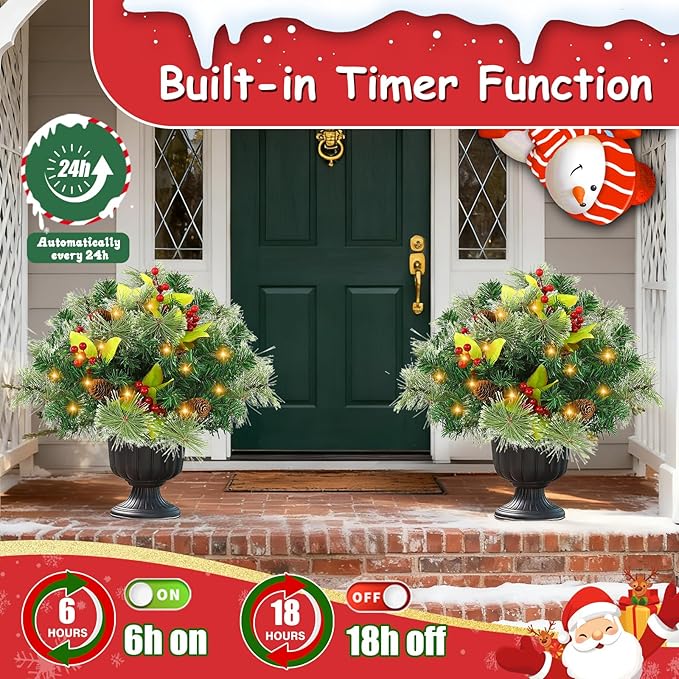 JOYHALO 2 Pack Set 18 Inch Christmas Urn Filler with 60 Warm White Lights, Battery Box with Timer, Xmas Pot Fillers with Branches Berries Pinecones, Outdoor Xmas Trees for Porch Pathway Yard Decor