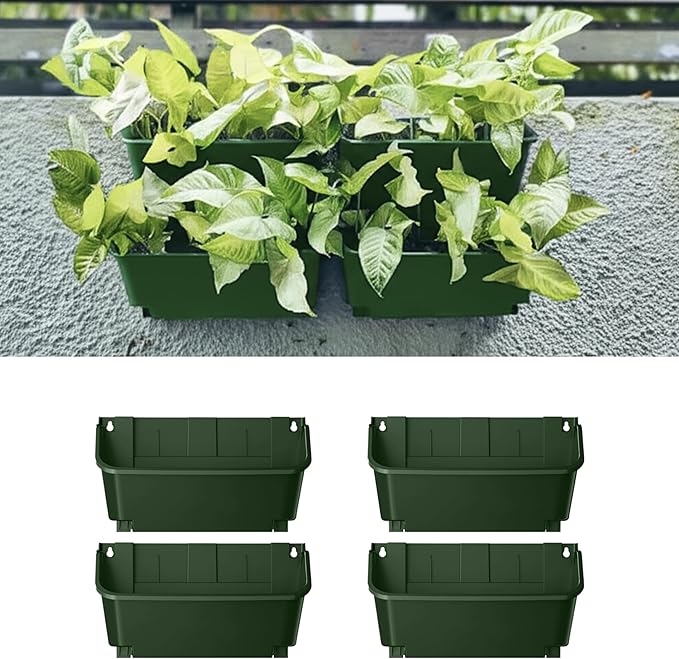 Maxona Vertical Garden Planter - 4 Pack, 13 inch Wall Mounted Planter for Patio Outdoor Decor, Home Green Plastic Pot Balcony Plant Vegetable Fruit Herb Hanging Pocket Holder Flowerpot