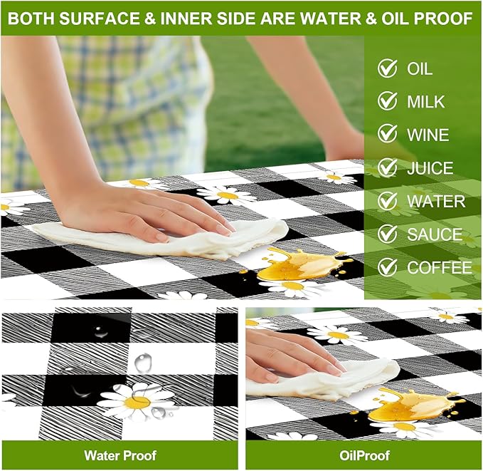 Vintage Gingham Picnic Table Cover with Bench Covers Set of 3 - Black White Check with Floral Accents, Elastic Fitted Tablecloth for 6 Ft Tables, Washable Polyester Cover for Patio, Indoor & Outdoor