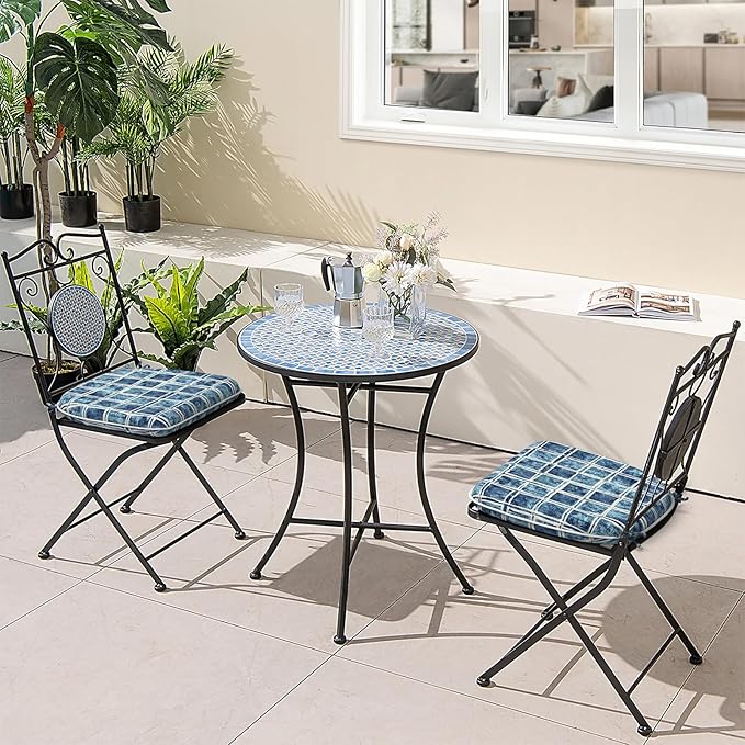 Outdoor Chair Cushions Set of 2, Water Resistant Patio Chair Pads with Ties, Seat Cushions for Home Garden Furniture Decoration, 16"x17", Denim Blue Checkered