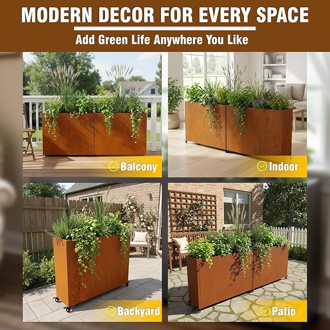 36" L x 9.3" W x 28.4" H Corten Steel Planter Box with Wheels & Removable Shelf – Rolling Raised Garden Bed with Rust Patina, Smart Drainage System, Outdoor Planter for Patio & Modern Décor