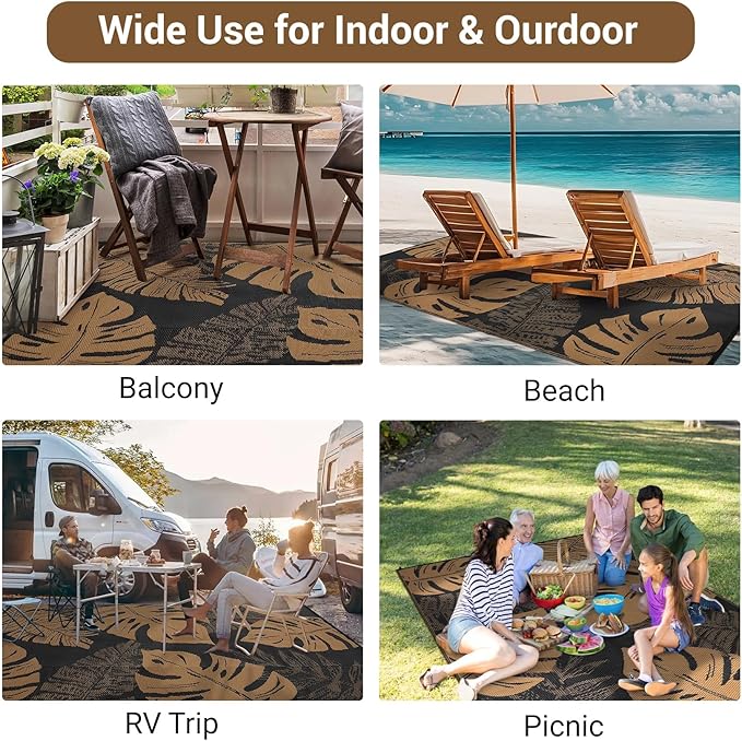 COZYLOOM Outdoor Rug 8x10 Patio Rugs Waterproof Plastic Straw Rug Reversible UV Resistant Camping Mat, Foldable Lightweight RV Picnic Mat with Portable Bag, Modern Outdoor Carpet for Yard, Brown