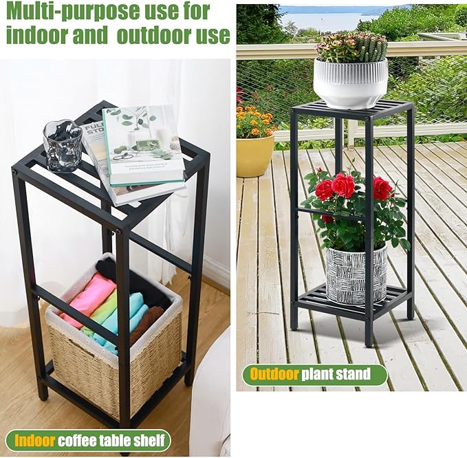 Party Zealot 2-Tier Tall Metal Square Plant Stand 31” Heavy-Duty Modern Flower Pot Rack for Indoor Living Room, Corner Side Table for Outdoor Patio, Garden, and Balcony, Black