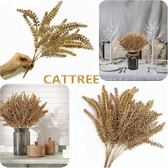 CATTREE Artificial Plants for Christmas Decoration, Plastic Grass Faux Shrubs Fake Lavender Leaves Simulation Wheat Ears Bushes Home Indoor Garden Wedding Hall Table Planter Filler - Gold 2 Pcs