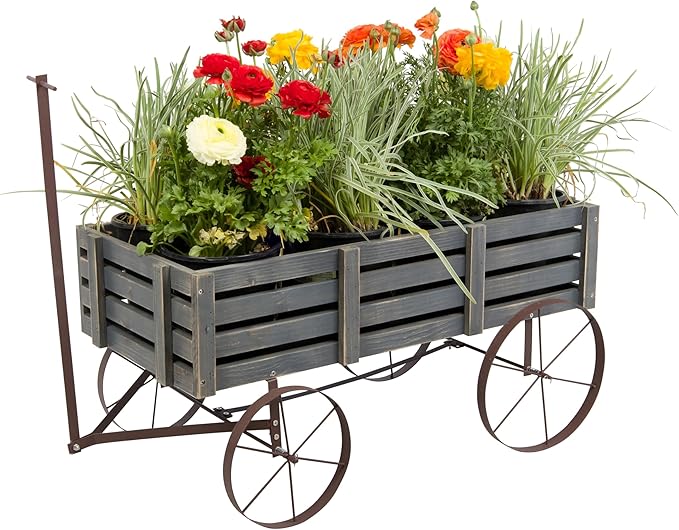 Shine Company Decorative Buckboard Wagon Garden Planter, Wooden Wagon Yard Décor for Outdoor Plants, Gray