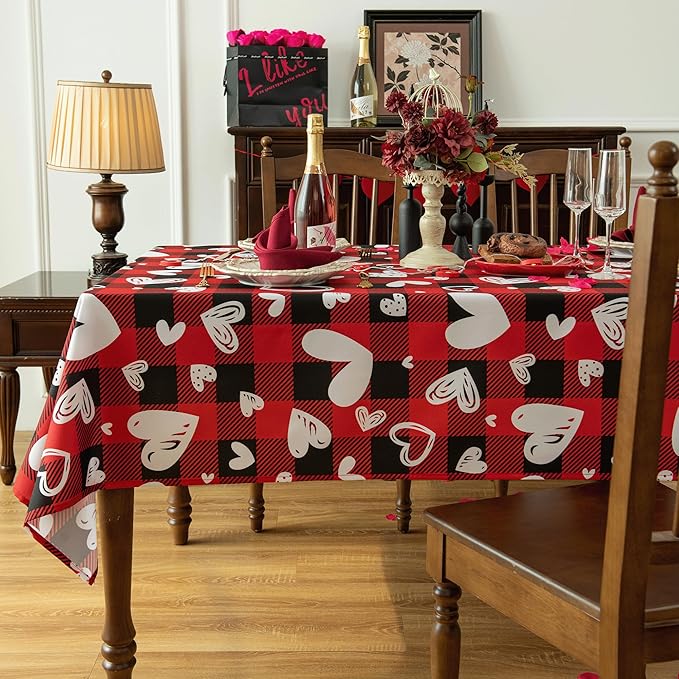Waterproof Valentine's Day Tablecloth Fabric - Red Oblong 52x70 Inch Classic Buffalo Tartan Festive Table Cloth for Indoor Use - Gingham Table Cover for Dinner, and Parties