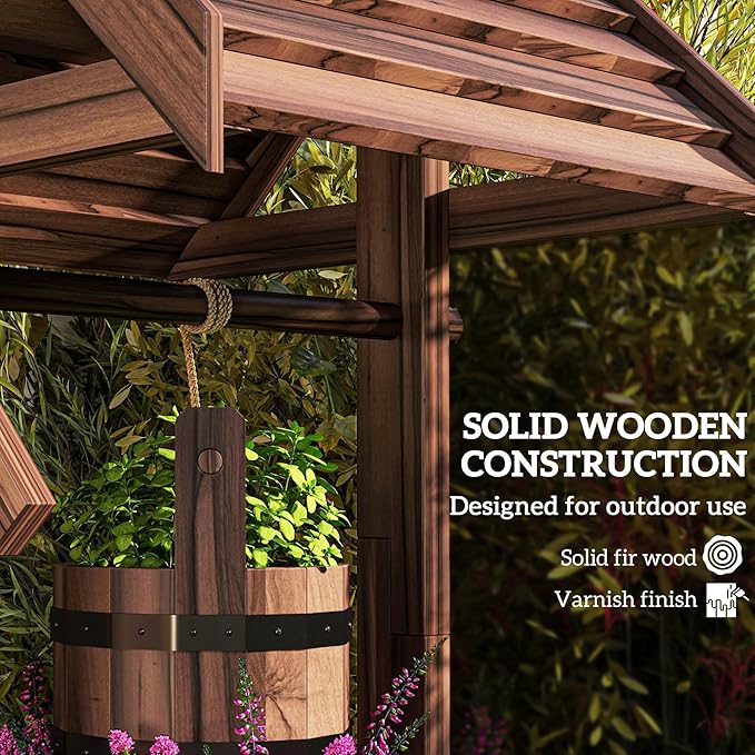Outsunny Wooden Wishing Well Planter with Adjustable Hanging Bucket, Rustic Wishing Well for Outside, Decorative Flower Planter with Drainage Hole for Garden Patio, Carbonized