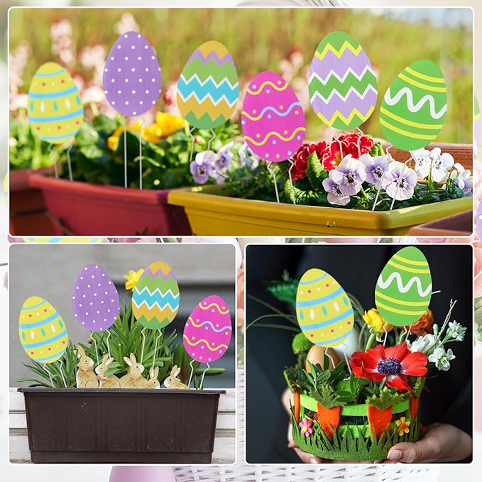 Thyle 6 Pcs Easter Eggs Planter Stakes Decorative Flower Pots Signs for Easter Patio Lawn Yard Garden Planter Pot Pathway Anniversary Wedding Supplies