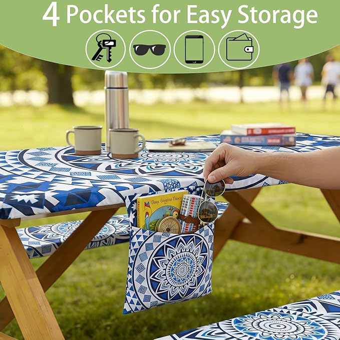 Fitted Waterproof Picnic Table Cover with Bench Covers Elastic 72×30Inch Weather Proof Non Slip Camping Table Clothes for 6Feet Rectangle Tables Campers Summer Fall Travel Hiking Tools Gifts