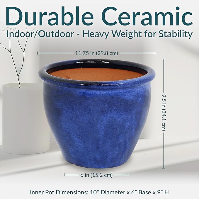 Sunnydaze Round Ceramic Planter - Set of 2 Indoor or Outdoor Plant Pots with Drainage Hole - Chalet - 12" - Imperial Blue Glaze