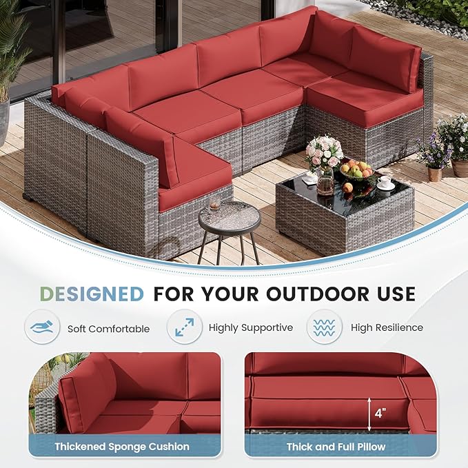 UDPATIO Replacement Cushions for Outdoor Furniture, 14 Piece Water-Repellent Cushions for 6 Seat Sectional Sofa, Burgundy