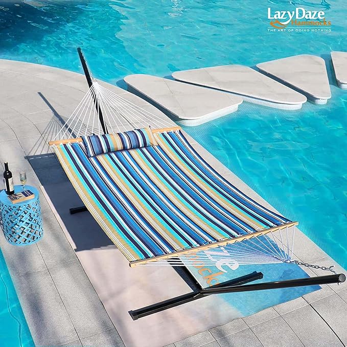 Lazy Daze Quilted Fabric Hammock with 12-Foot Stand, Double 2-Person Hammock with Pillow for Outdoor Outside Patio, Garden, Backyard, 450LB Capacity, Beach