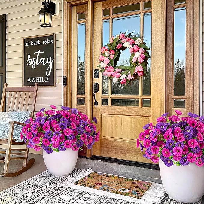 Artificial Flowers for Outdoors Decoration, 12 Bundles Fake Plastic Flower Plant, Faux Colorful Silk Morning Glory Petunias for Spring Summer Outside Garden Porch Front Door Decor, Purple