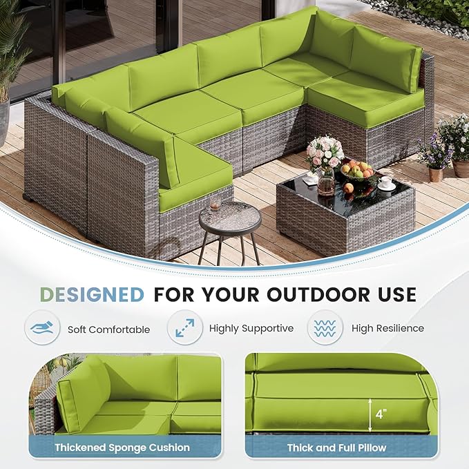UDPATIO Outdoor Replacement Cushions for Patio Furniture, Water-Resistant Patio Cushion, 14-Piece Outdoor Couch Cushions for 6-Seat Sectional Conversation Sets (Green)