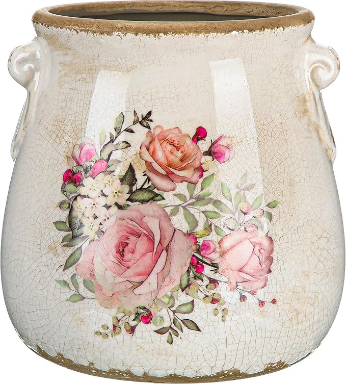 Ceramic Scroll Planter 6.5 Inch Chinoiserie Floral Vase with Drainage Holes Vintage Flower Vase Flower Pot Rustic Ceramic Pots for Indoor Plants Garden Home Bookshelf Decor(Ink Color)