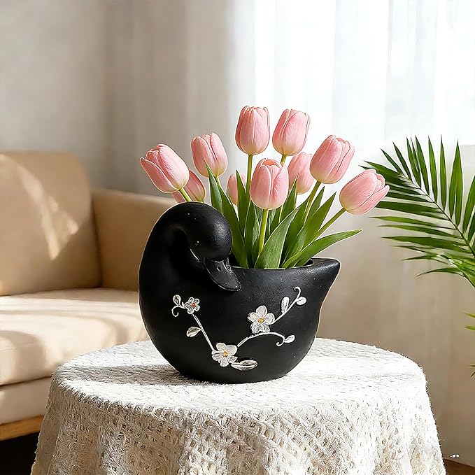 Teaeeno Decorative Garden Swan Planters Succulent Pots Indoor Unique Flower Plant Pots Cement Swan Decor Home Garden Balcony Decor (Black)