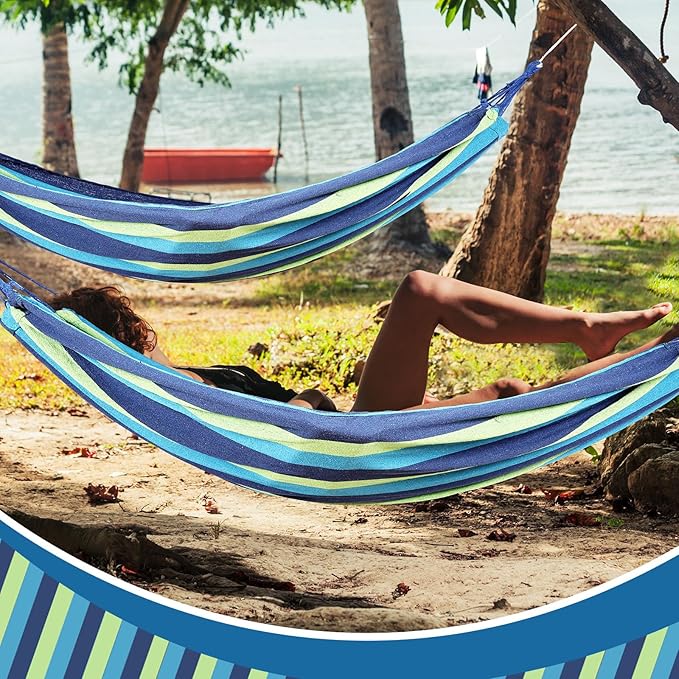 Windyun 2 Sets Cotton Canvas Hammock Large Double Hammock 400lbs Portable Camping Hammocks for Outside with Carrying Bag Sturdy Metal Knot Ropes and Tree Straps for Travel Patio Garden Backyard (Blue)