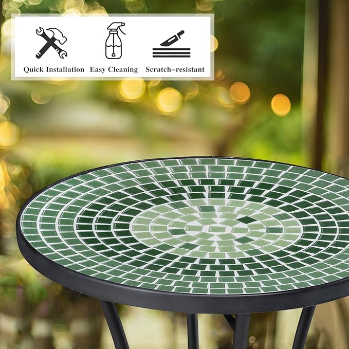 Vipush Mosaic Outdoor Side Table, 14" Round Folding Plant Stand for Patio Garden Backyard Balcony Porch Indoor Accent End Table for Living Room, Ceramic Tabletop with Black Iron, Green