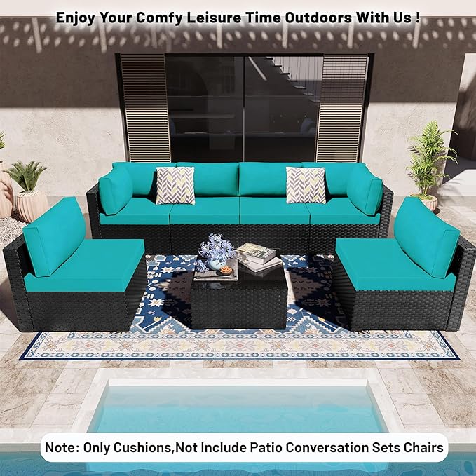 14 Piece Outdoor Sectional Cushions, Water-Resistant Outdoor Sofa Cushions Replacement, 4" High Density Foam Patio Furniture Cushions Fits 6-seat Rattan Conversation Set (Lake Blue)