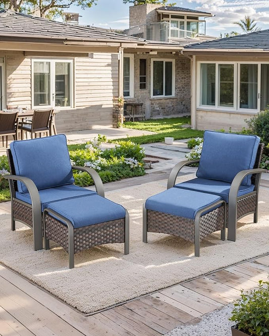 HUMMUH Outdoor Wicker Chairs Set of 2-All Weather Rattan Wicker Patio Chairs with Ottoman Small Outdoor Furniture Set for Deck Porch Garden Poolside Backyard-Brown/Blue