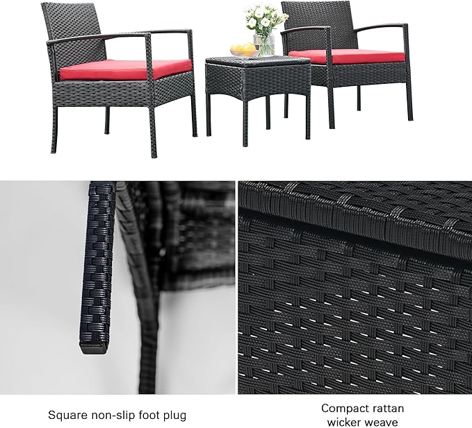 PROHIKER 3 PCS Patio Rattan Conversation Chairs Set, Outdoor Patio Furniture Balcony Furniture Set, Wicker Patio Bistro Set for Garden Porch Balcony Yard, Red