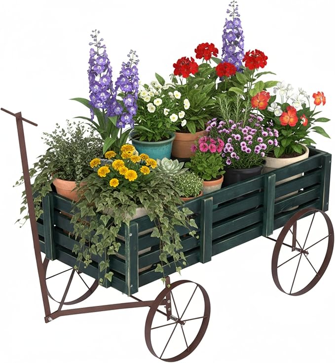 Shine Company Decorative Buckboard Wagon Garden Planter, Wooden Wagon Yard Décor for Outdoor Plants, Green