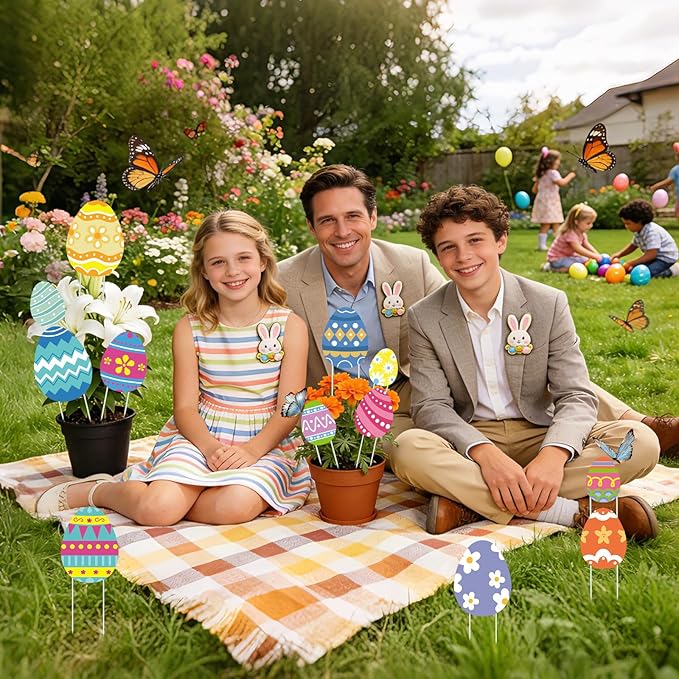 12 Pcs Easter Planter Stakes Egg Shaped Garden Signs Outdoor Decorations Decorative Cute Colorful Egg Yard Stakes for Easter Party Home Outside Potted Planter Lawn Patio Porch Supplies