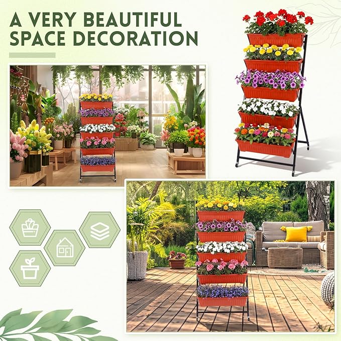 2 Set 4.5 ft Vertical Garden Planter with Lockable Wheels 5 Tier Removable Raised Bed Box for Outdoor Herb Vegetable and Flower Growing Includes Gloves and Screwdriver(Brick Red)