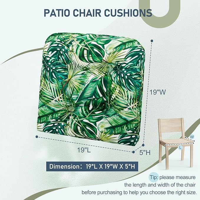 downluxe Outdoor Chair Cushions Set of 2 for Patio Furniture, Waterproof Tufted Overstuffed Patio Furniture Cushions, Thick Outdoor Seat Cushion, 19" X 19" X 5", Palm Leaves