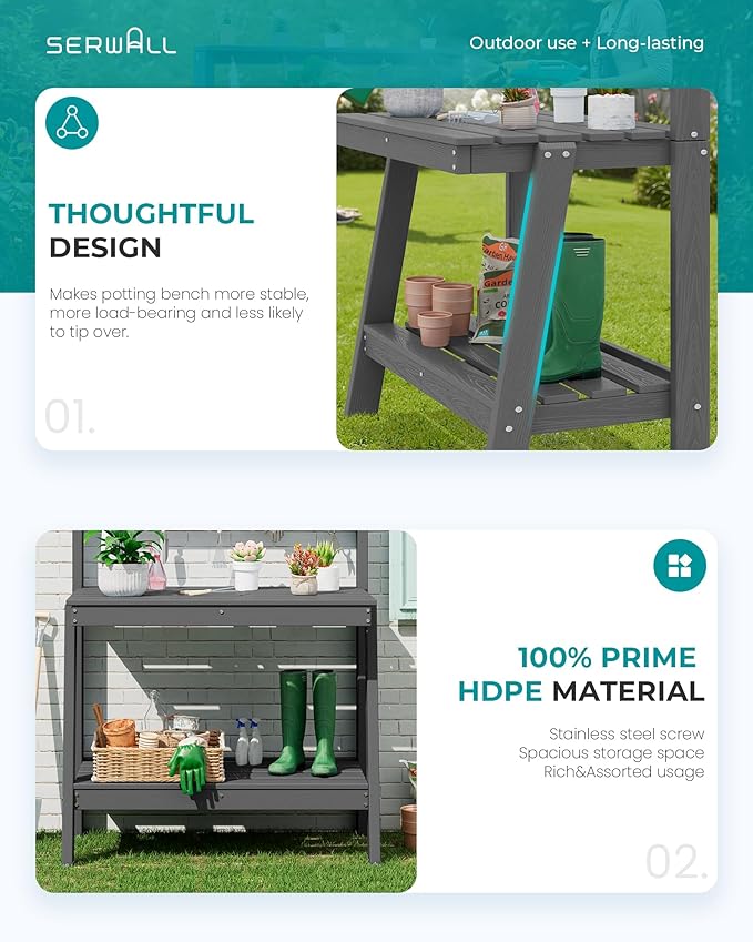 SERWALL Potting Bench Outdoor with Storage, 3-Tier HDPE Gardening Table with Angled Legs & Tool Hooks, All-Weather Heavy Duty Potting Table for Patio, Backyard, Garden, Gray