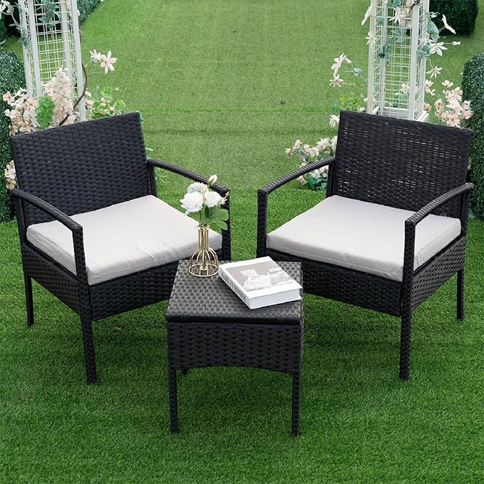 PROHIKER 3 PCS Patio Rattan Conversation Chairs Set, Outdoor Patio Furniture Balcony Furniture Set, Wicker Patio Bistro Set for Garden Porch Balcony Yard, Gray