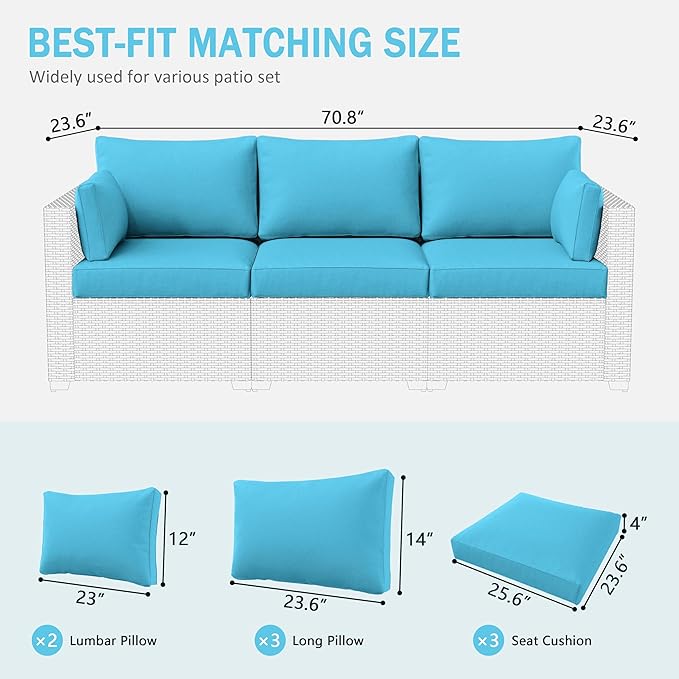 Outdoor Furniture Replacement Cushions, Waterproof Patio Furniture Cushions, 4" Deep Seat Outdoor Sectional Cushion for 3-Seat Outdoors Rattan Sofa Patio Sofa Cushion, Lake Blue