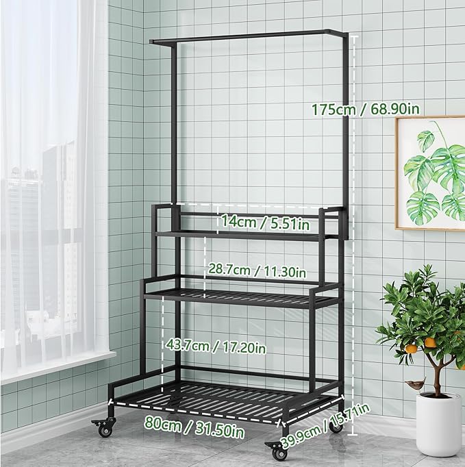 YIZAJIA Plant Stand Indoor 3 Tier Metal Outdoor Tiered Stands Shelf With wheel for Multiple Plants Potted Ladder Plant Holder Table Plant Pot Stand for Window Garden Balcony Living Room (3 Tier-Black with Hanger)