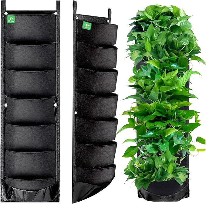 2 Packs Hanging Planter for Outdoor Plants, 7 Pocket Vertical Wall Planter, Balcony Planter, Railing Planter, Garden Balcony Decor