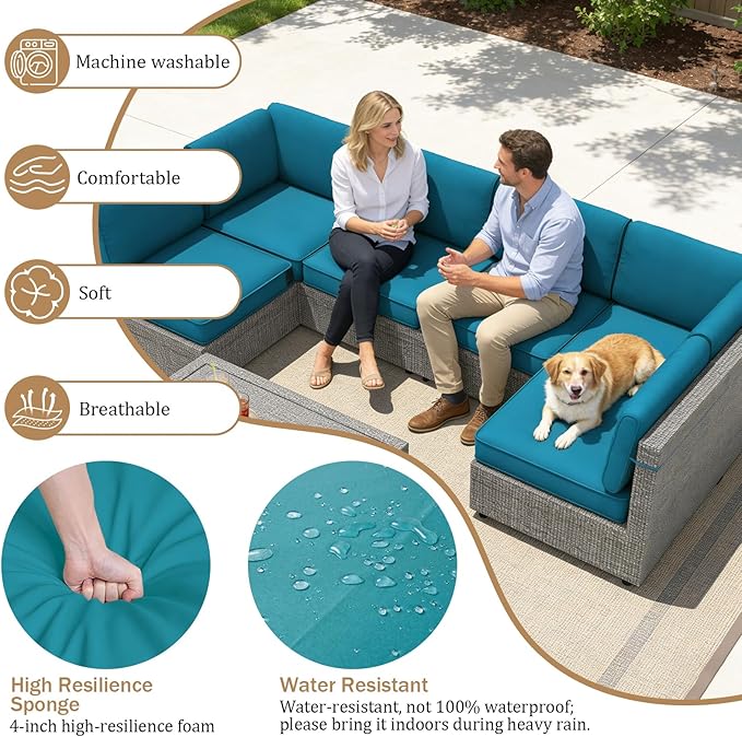 14 Pcs Outdoor Replacement Cushions for Patio Furniture, All Weather Water Resistant Cushion for 6 Seat Rattan Wicker Sectional Patio Conversation Sets and Couch (Turquoise)