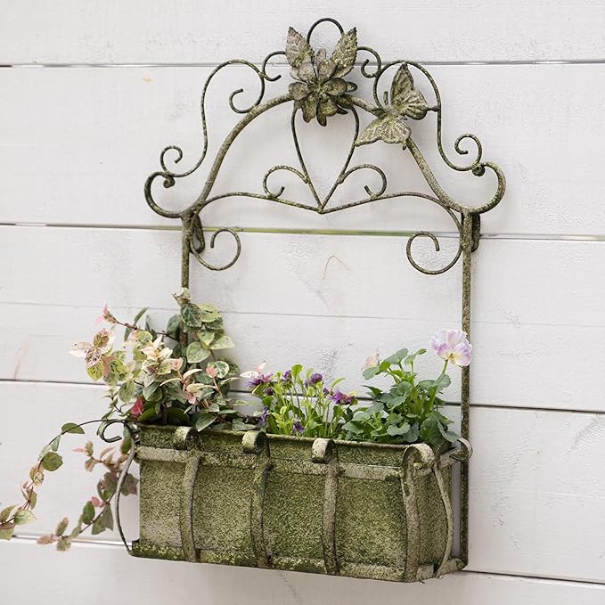 Vintage Rustic Wall Planter Distressed Decor Iron Hanging Plant Basket Shabby Metal Wall Mounted Flower Holder Pot Stand for Indoor Outdoor Home Balcony Patio Garden Decorative (Shabby Green)