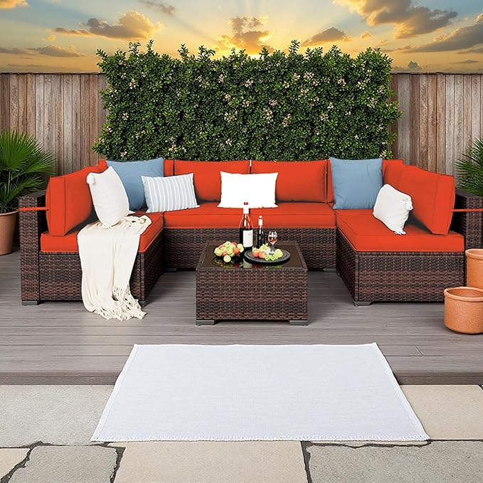 Outdoor Replacement Cushions for Patio Furniture,14-Piece Patio Water-Resistant Replacement Sofa Cushions,Fits 6-seat Sectional Rattan Conversation Set,Liner&Cover (Orange)