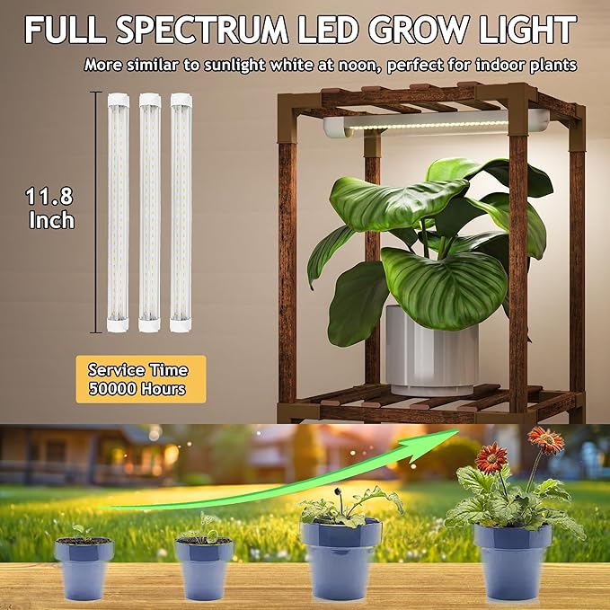 HOMKIRT Plant Stand with Grow Light, Lighted Plant Shelf Indoor for Multiple Plants, Wood Tall Plant Rack with Grow Lights Flower Stand for Corner, Living Room, Patio, Garden