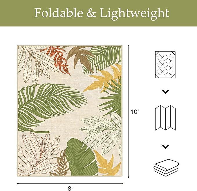 GENIMO Outdoor & Indoor Area Rug 8'x10', Waterproof, Non-Shedding, Easy Cleaning, Leaf Mat for Patio, Living Room, Balcony, Dining Room, RV, Deck, Bedroom, Camping, Outside Carpet, Olive Mustard