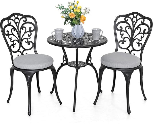 NUU GARDEN 3 Piece Outdoor Bistro Table Set, All Weather Cast Aluminum Patio Bistro Sets Patio Table and Chairs Set of 2 with Umbrella Hole for Yard, Garden, Balcony, Black