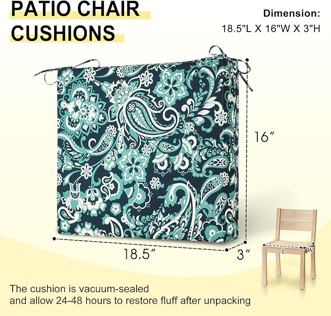 downluxe Outdoor Chair Cushions Set of 2 for Patio Furniture, Water-Resistant Square Corner Patio Chair Cushions with Ties, High Density Foam Outdoor Seat Cushion, 18.5" X 16" X 3", Green Paramecium