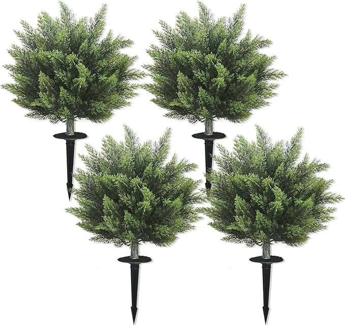 28inch Artificial Topiary Tree Set of 4 Beautiful Realistic Faux Cedar Pines Christmas Trees UV Rated Fake Shrubs for Front Porch Faux Plants Indoor and Outdoor Decor