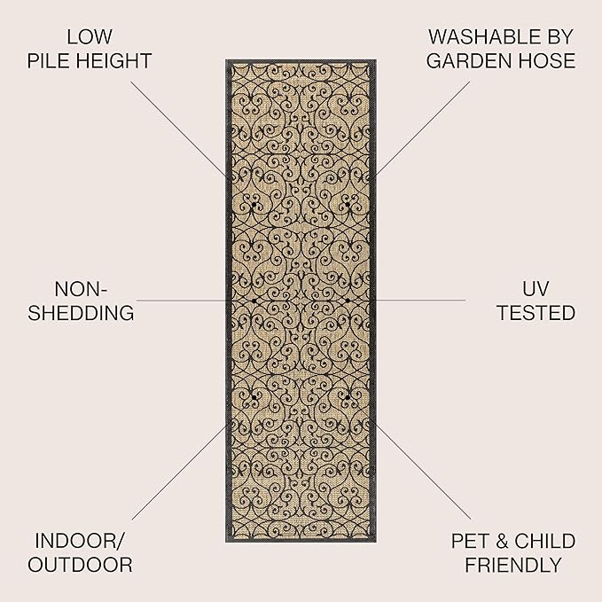 JONATHAN Y Vintage Filigree Indoor Outdoor Runner Rug 2X10 Black/Khaki, Madrid Textured Weave for Backyard, Patio, Porch, Easy-Cleaning, High Traffic, Pet-Friendly, Non-Shedding (SMB107A-210)