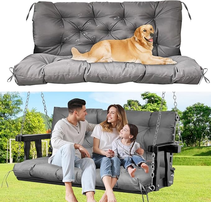 60" Porch Swing Cushion with Backrest, Waterproof Outdoor Bench Swing Cushions 3 Seater Replacement Thickened Swing Cushions with Ties for Patio Garden Backyard,Dark Gray,60x40in