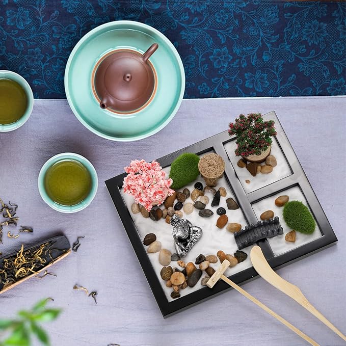 Hiceeden Zen Garden Kit for Desk, 8.5×7.5 Inches Japanese Mini Zen Garden Accessories, Sand Tray Therapy Kit Meditation Gift for Home Office Desk Decor
