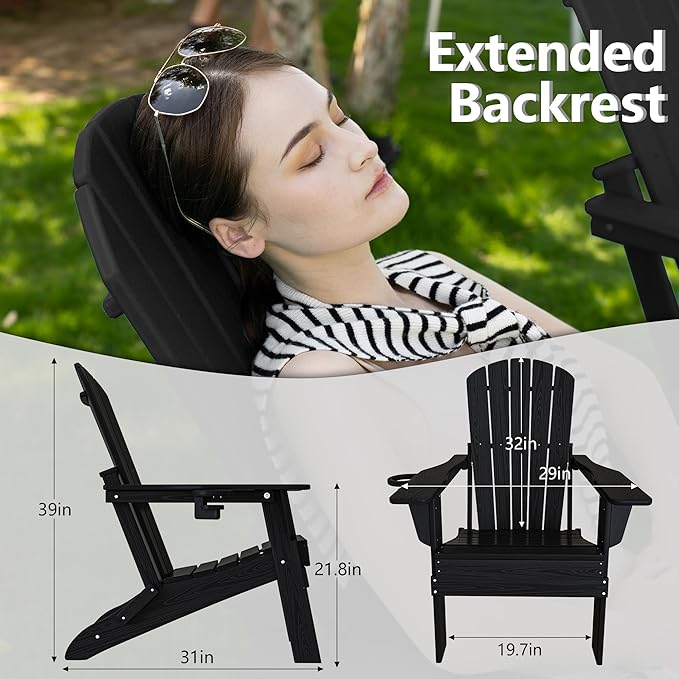 Plawdlik Folding Adirondack Chair Set of 6, Cup Holder，Wooden Textured ，Heavy All-Weather HDPE Comfortable Set Poolside Backyard Lawn, Black