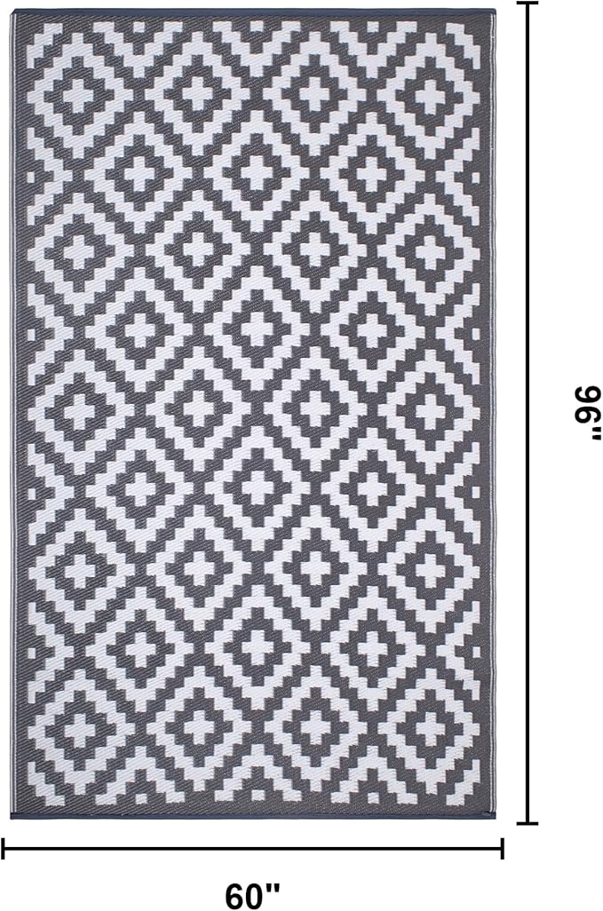 FH Home Outdoor Rug - Waterproof, Fade Resistant, Reversible - Premium Recycled Plastic - Geometric - Patio, Porch, Deck, Balcony - Aztec - Gray & White Crease Free - 5 x 8 ft
