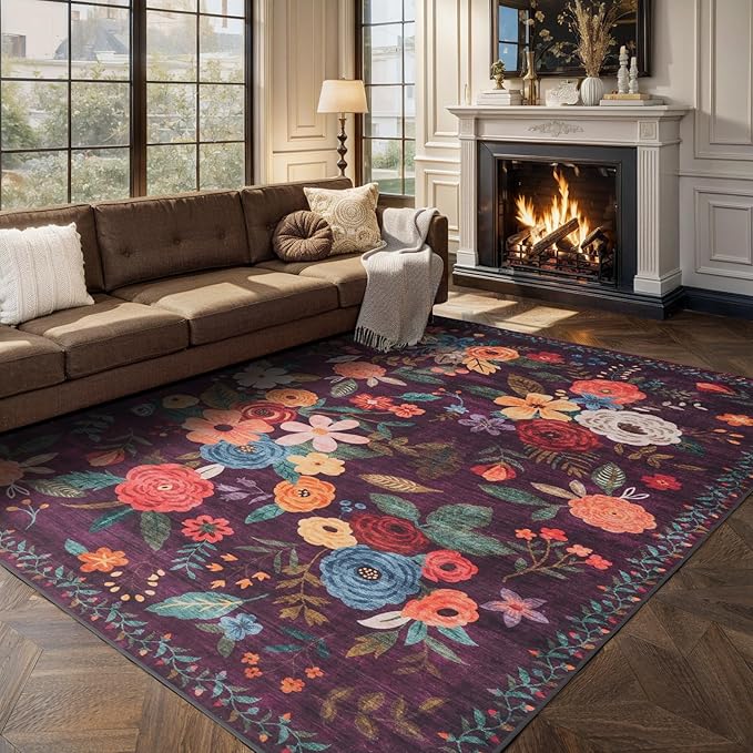 Area Rugs 10x14 Living Room, Non Slip Machine Washable Floral Rugs, Low Pile Lightweight Large Rug for Bedroom, Dining Room, Home Office(10 x 14, Purple Lawn)