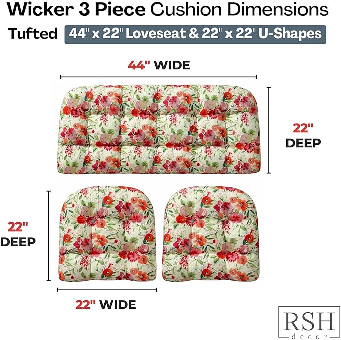 RSH DECOR: 3-Piece Wicker Tufted Cushion Set | 44" x 22" Loveseat & 22" x 22" U-Shapes | Outdoor Replacement Cushions | Water & Fade-Resistant Spun Fabric | Made in USA (Bettina Garden)