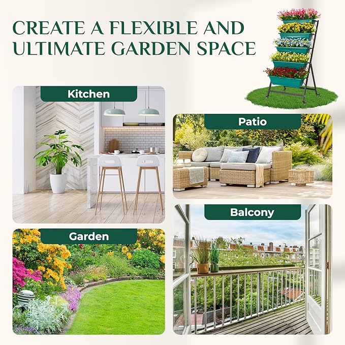 IDZO 5-Tier Vertical Raised Garden Bed with 4 Lockable Caster Wheels, Sturdy Steel Vertical Garden Planter with Efficient Drainage Tray, Ergonomic Ladder Planter with Included Garden Tools, Green
